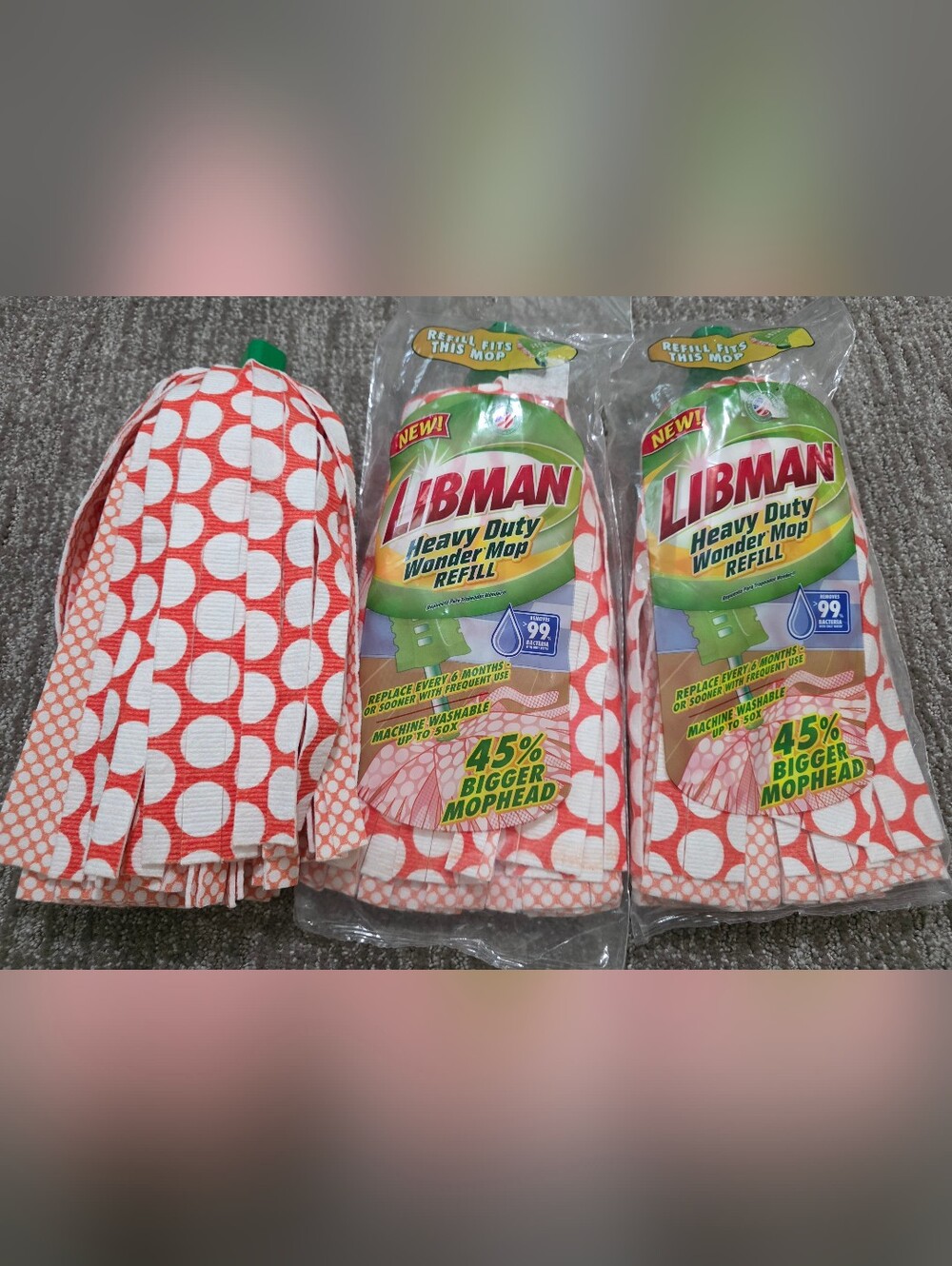 Three New Libman Heavy Duty Wonder Mop Refill 45% Bigger Mophead Floor Cleaning